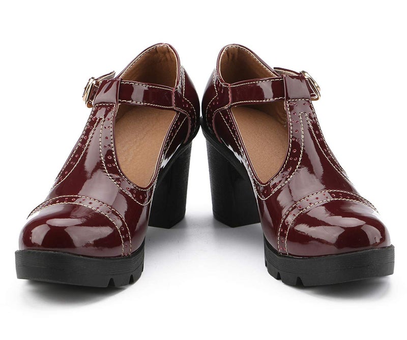 DADAWEN Women's Classic T-Strap Platform Mid-Heel Square Toe Oxfords Dress Shoes Wine Red US Size 10 - Image 2